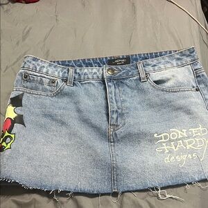 Ed Hardy Blue Denim Skirt with Graphic Accents
